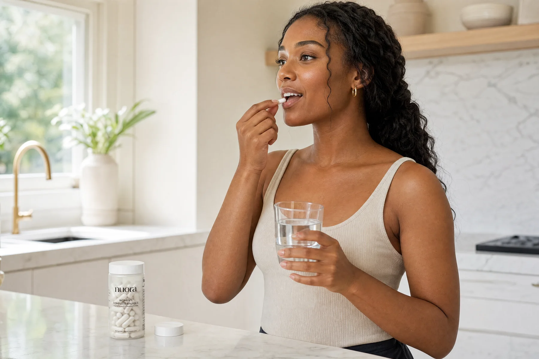 Woman taking gummy with water